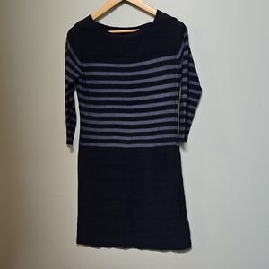 Peruvian Connection Navy and Blue Striped Dress 3/4 Sleeve